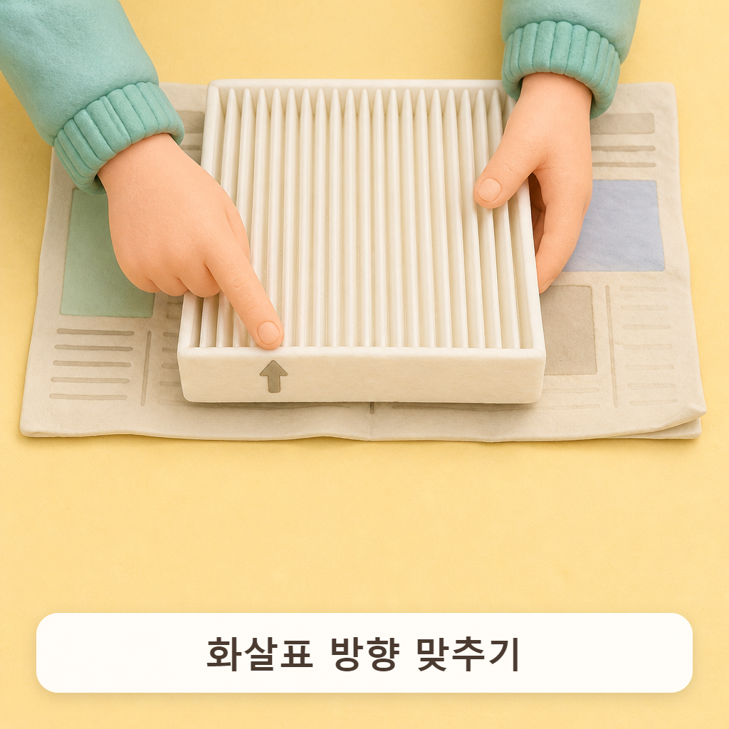 새 필터 옆면의 화살표를 손가락으로 가리키는 모습