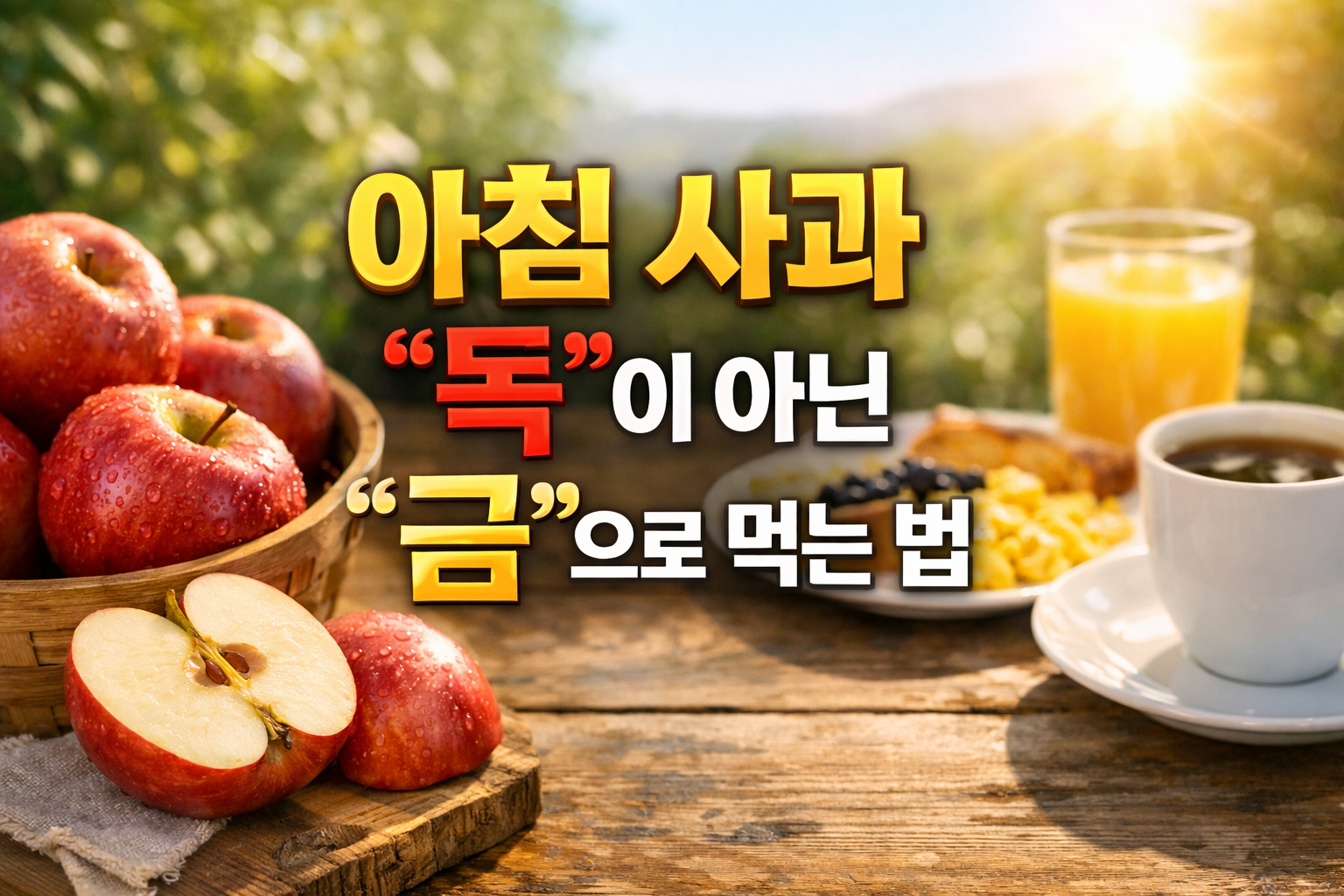 자연광 아래 놓인 사과와 아침 식사로 아침 사과를 올바르게 먹는 방법을 설명하는 건강 이미지