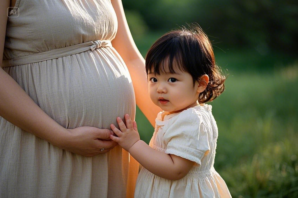 임신한 엄마의 배를 만지고 있는 여자아기