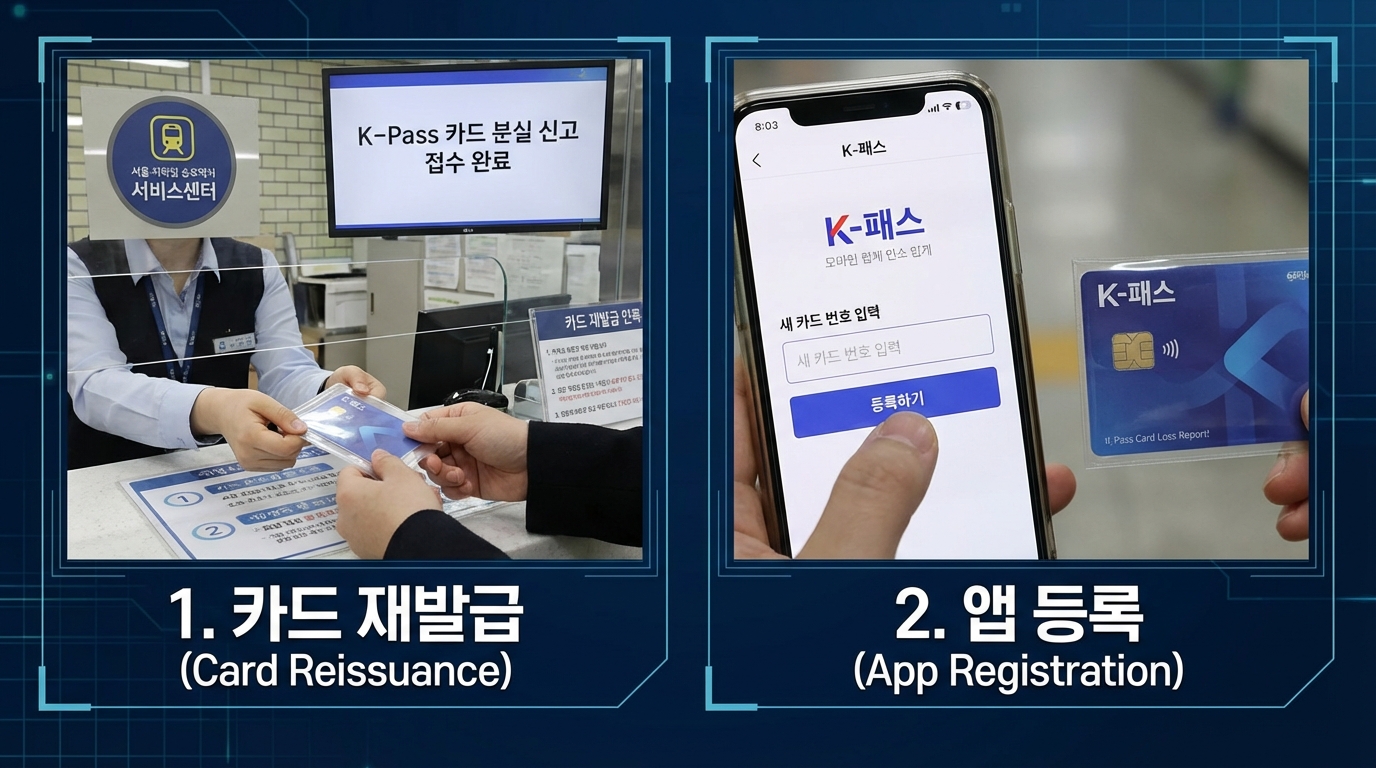 분실 후 재발급받은 K-패스 카드를 수령하여 앱에 새로운 카드 번호를 등록하는 과정