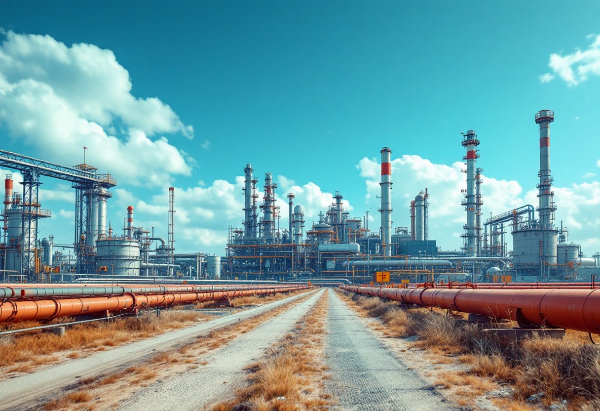 산업단지의 천연가스 파이프라인. 에너지 전환 시대에 천연가스가 브리지 에너지로서 수행하는 역할을 상징적으로 보여줍니다.