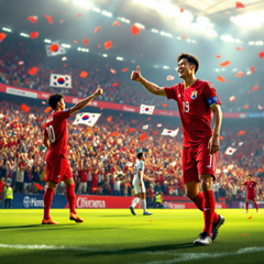 대한민국 축구 국가대표 손흥민이 골 세레머니를 하며 두 팔을 들고 관중과 함께 기뻐하는 장면