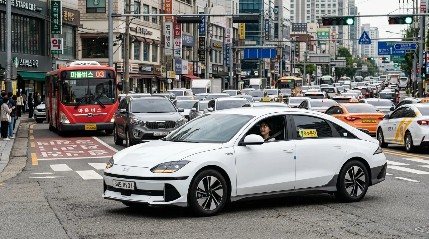 도심 주행에서 하이브리드 자동차의 장점을 체감하는 초보 운전자 장면