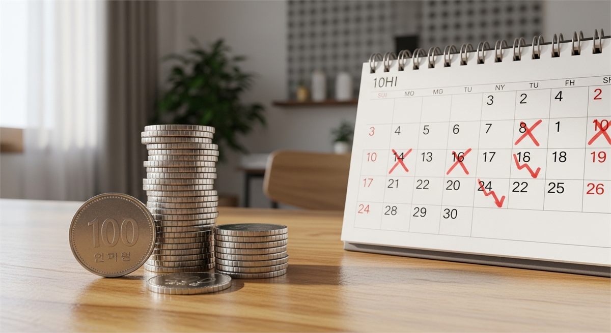 조기수령 감액을 상징하는 동전과 달력 정물 사진 