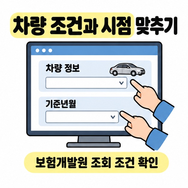 손이 컴퓨터 화면의 차량 정보와 기준년월 선택 칸을 가리키며 보험개발원 조회 조건을 확인하는 그림