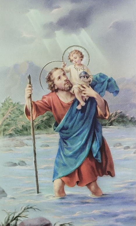 어린 아이의 모습이신 예수님을 어깨에 메고 강을 건너는 성 크리스토포로
