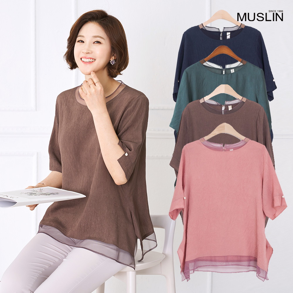 엄마옷 모슬린 인견 유니크 배색 블라우스 BL905025