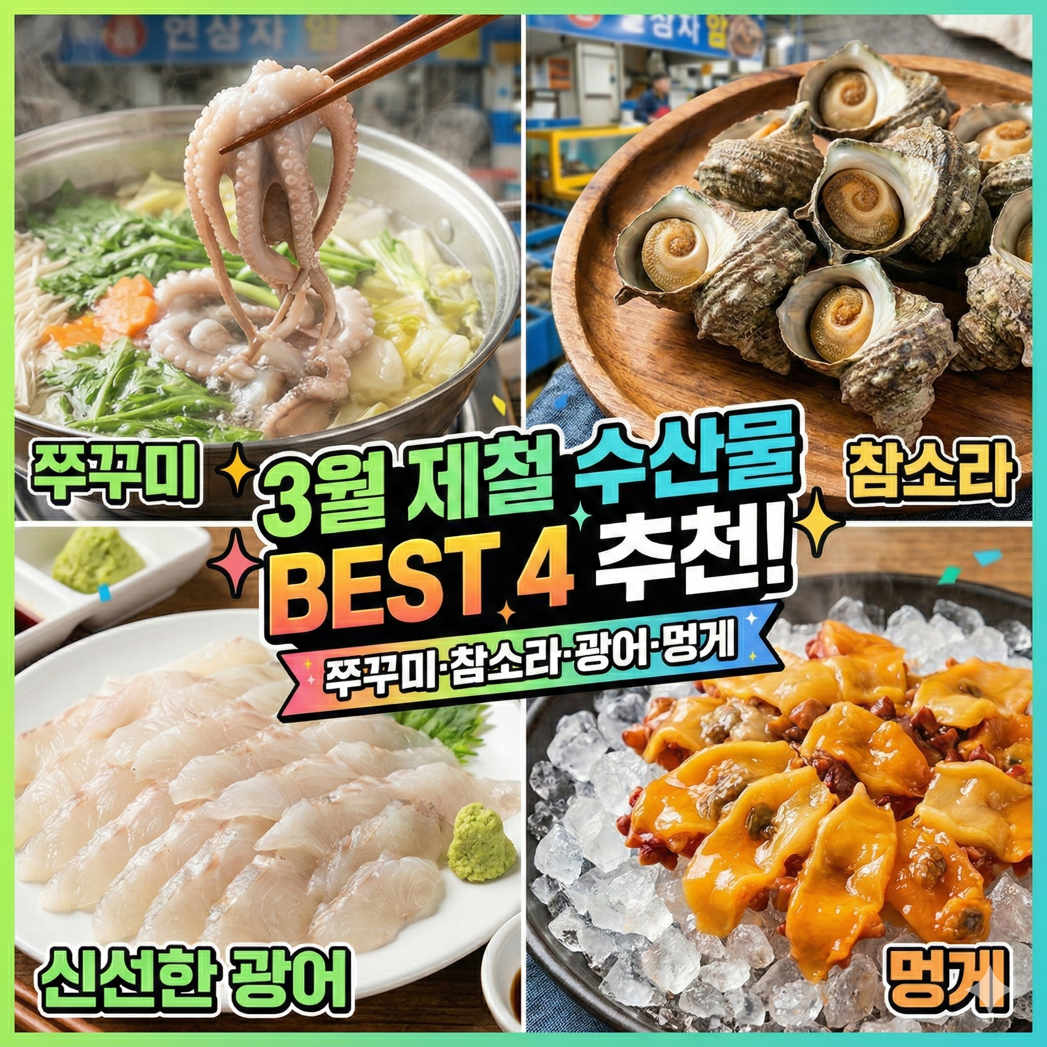 2026년 3월 제철 수산물 추천 (쭈꾸미, 참소라, 광어, 멍게)