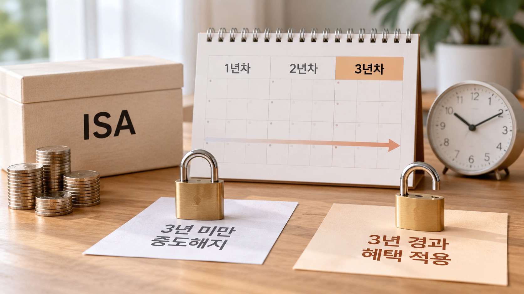 ISA 가입 1년차부터 3년차까지의 유지기간과 해지 시점을 표현한 금융 이미지