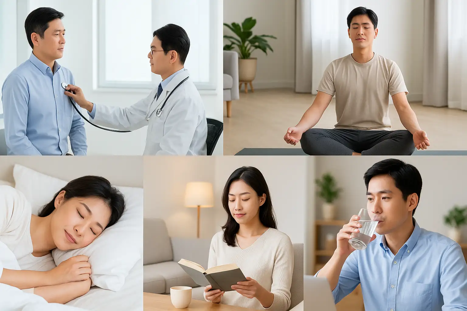 정기검진을 받는 남녀, 스트레칭이나 명상 중인 사람, 수면을 취하는 모습, 스트레스 완화를 위한 여유로운 일상 이미지