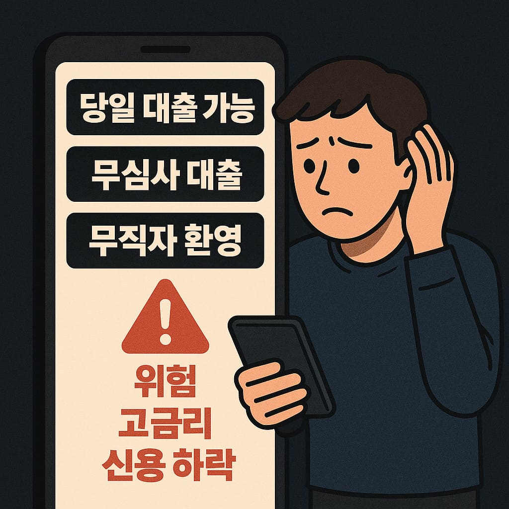 무심사 당일대출 광고의 위험성과 고금리 경고 이미지