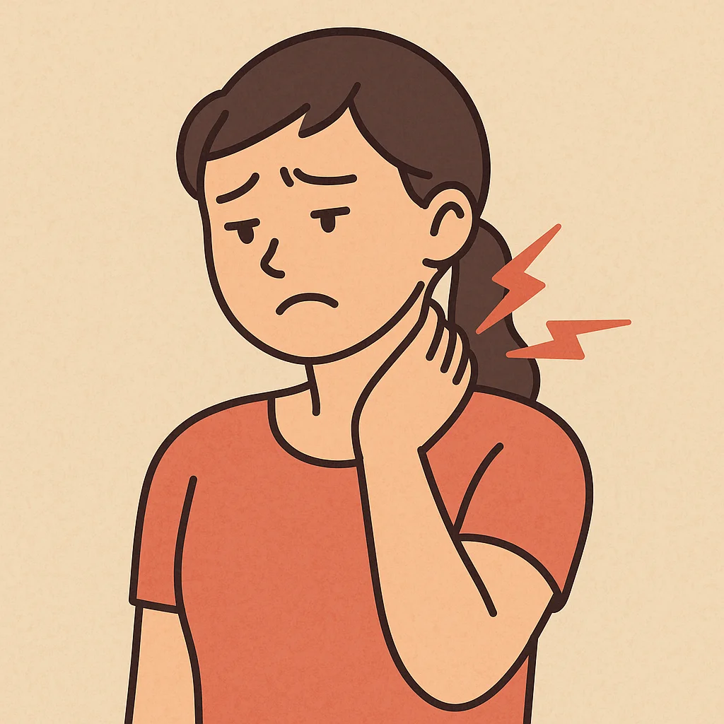 왼쪽 목이 뻐근해 손으로 짚고 있는 여성의 일러스트. 고통스러운 표정과 함께 목 뒤로 번개 모양의 통증 표시가 나타남.