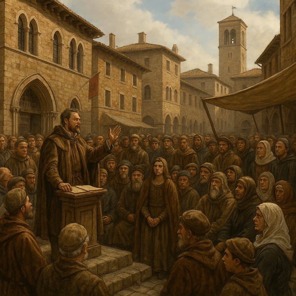 중세 유럽 도시 광장에서 공공 회의가 열리고 참가한 시민들 모습