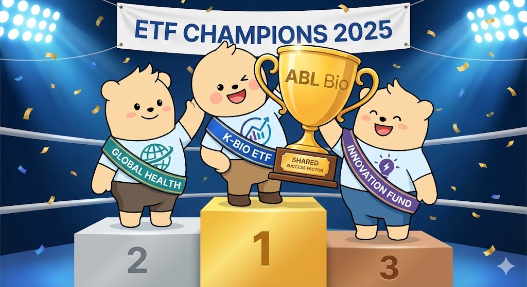 1위, 2위, 3위 시상대에 올라선 ETF 캐릭터들. 그들의 손에는 '에이비엘바이오'라는 황금 트로피가 들려있다