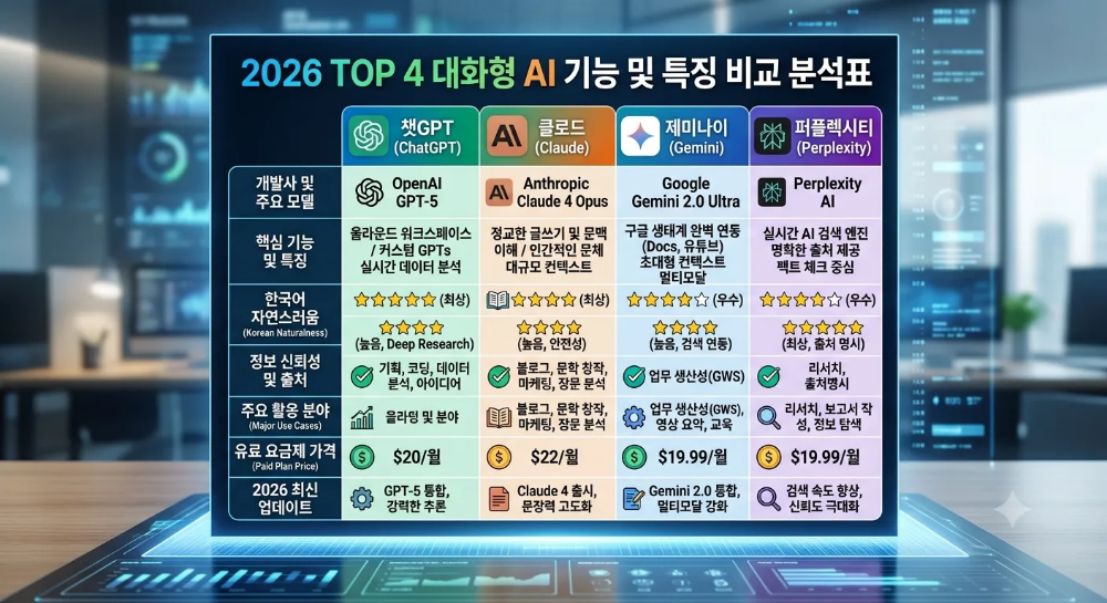 2026년 최신 챗GPT 클로드 제미나이 퍼플렉시티 4대 대화형 AI 기능 및 특징 완벽 비교 분석표