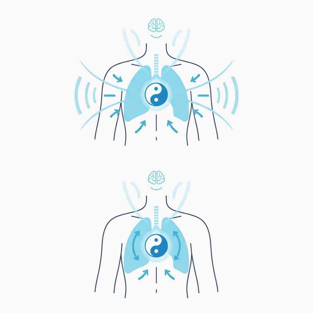 심호흡이 마음을 안정시키는 과학적 이유를 상징적으로 표현한 일러스트레이션