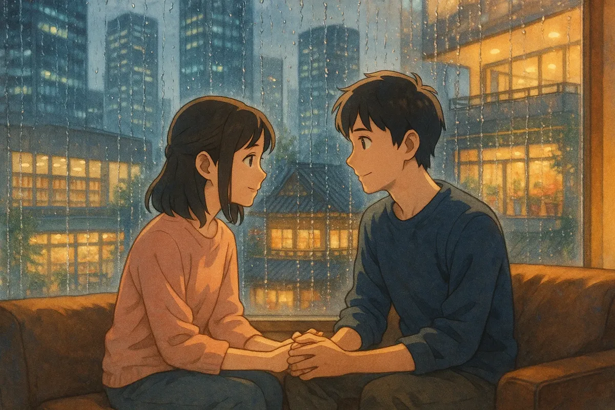 비 오는 창밖을 바라보며 따뜻한 실내에서 손을 맞잡고 있는 커플의 모습, 서울 실내 데이트 스팟들의 몽타주와 함께