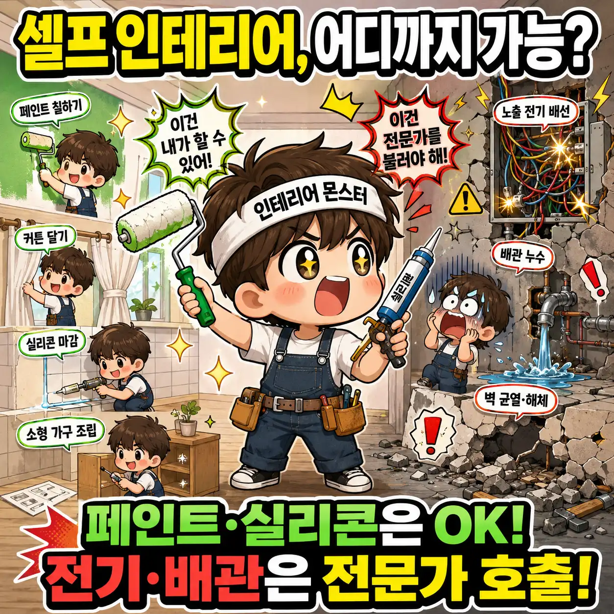 셀프 인테리어 가능 범위를 설명하는 이미지로, 페인트칠&middot;커튼 설치&middot;실리콘 마감&middot;소형 가구 조립은 직접 할 수 있고 전기 배선&middot;배관 누수&middot;벽 철거는 전문가에게 맡겨야 한다는 내용을 보여준다.