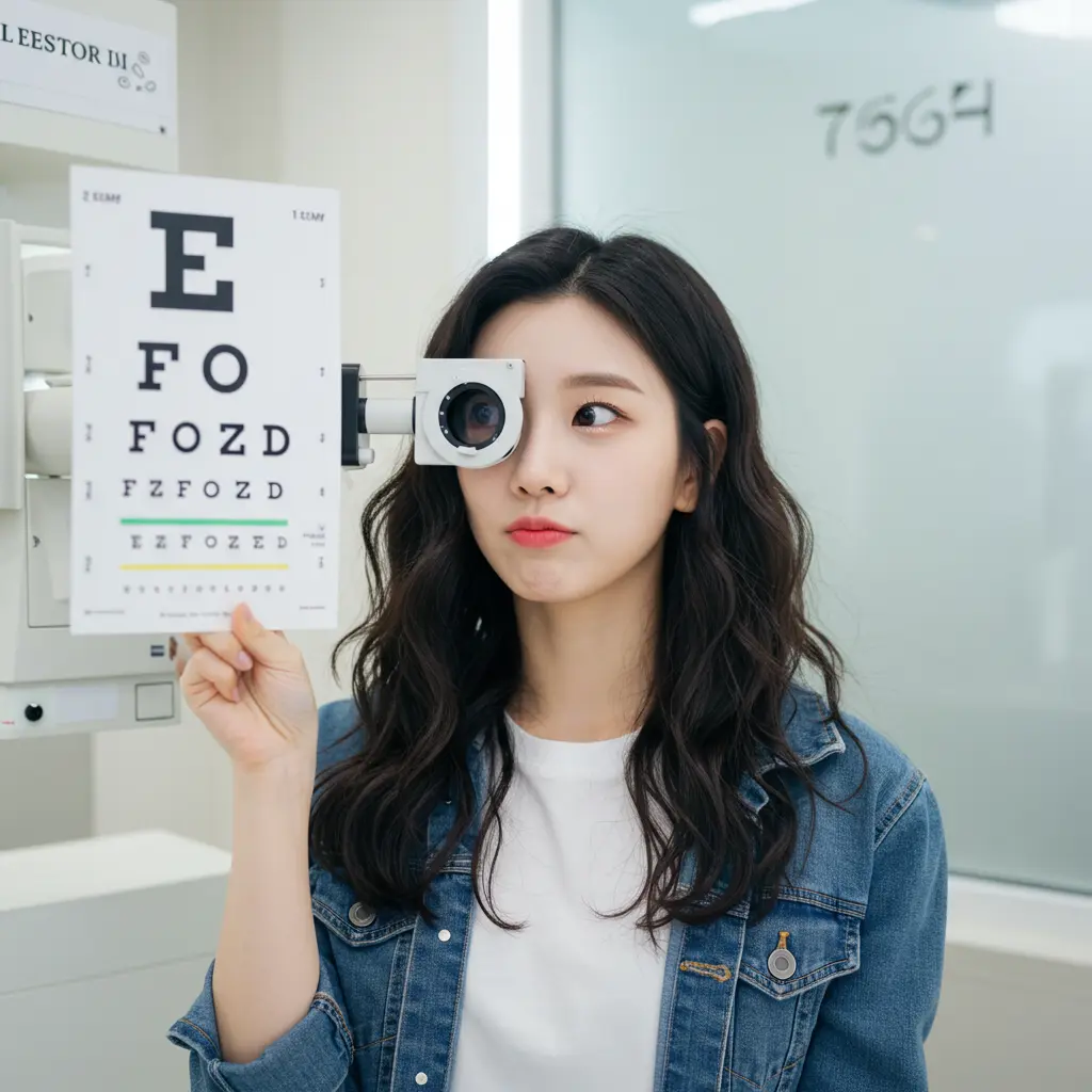 루테인 복용해야하는 여성이 안과에 검사 받고있는 이미지