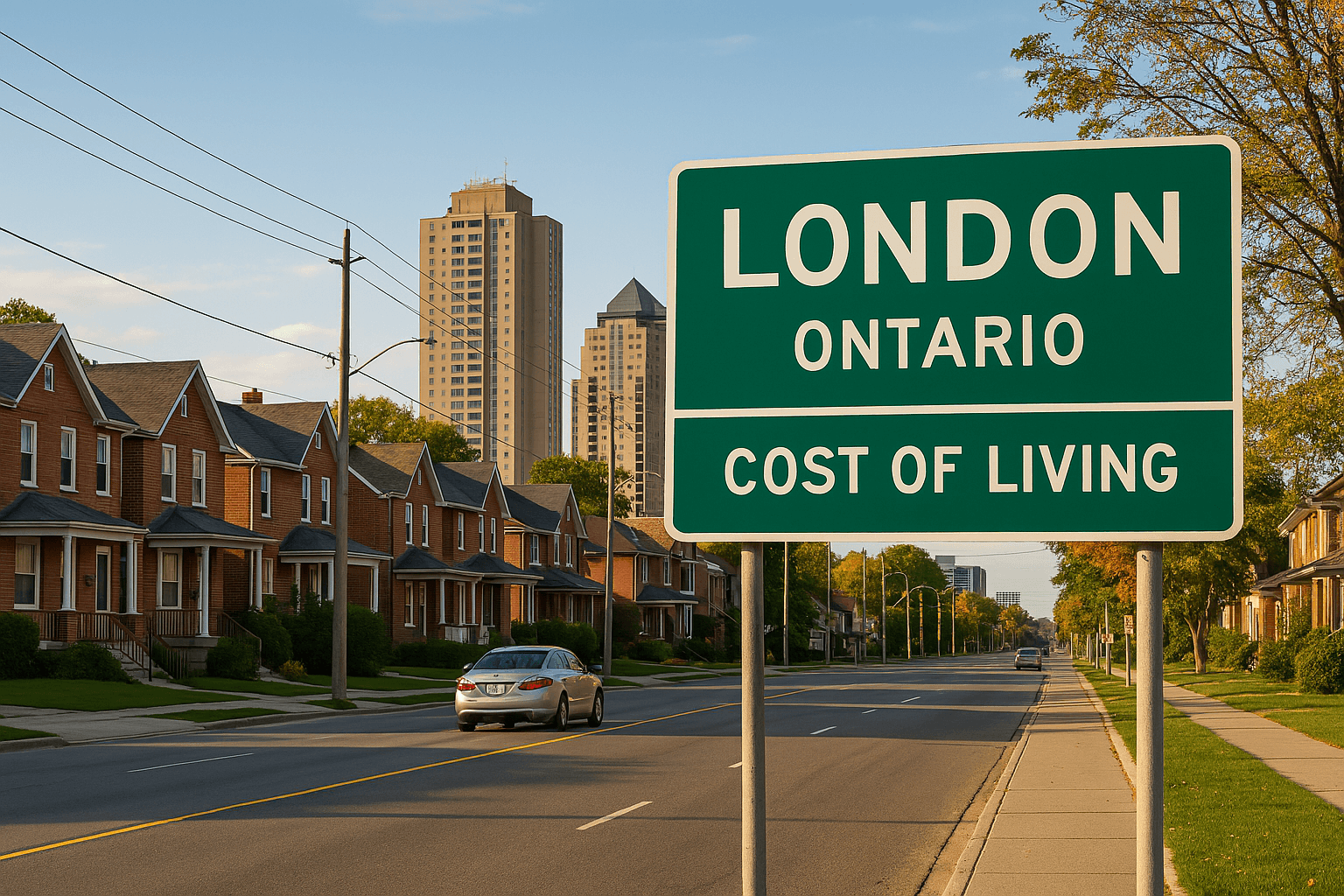 2025년 캐나다 온타리오 런던 생활비 안내 표지판과 주택가 거리 전경
