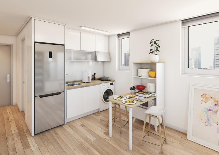 대한민국 1인 가구 소형 아파트의 미니멀한 주방 모습, 정리된 식탁과 냉장고가 깔끔하게 배치되어 있음