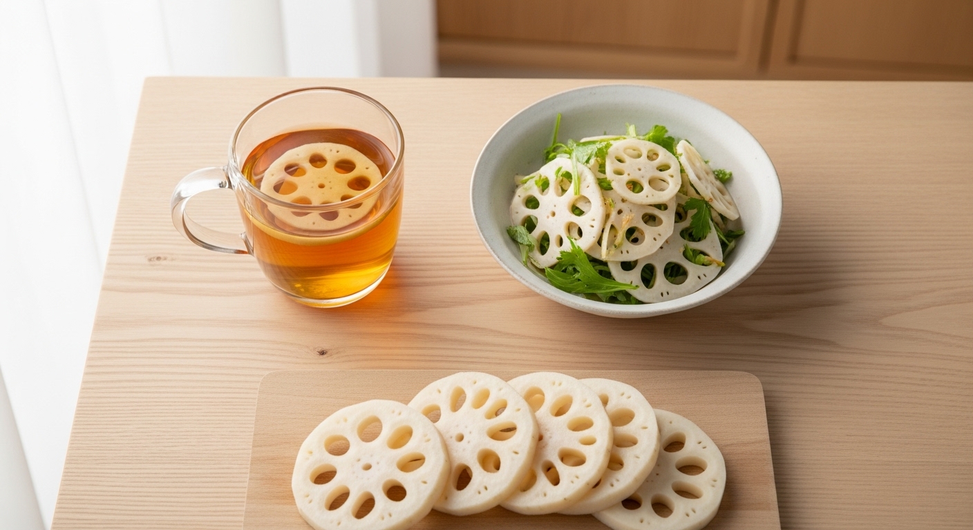 연근차, 연근 샐러드, 손질된 생 연근이 놓인 모습. 연근의 다양한 섭취 방법과 건강한 식탁을 제안하는 이미지.