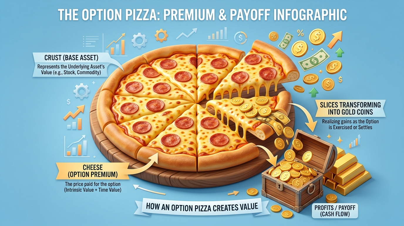 피자 도우(기초 자산) 위에 치즈(옵션 프리미엄)를 듬뿍 얹어 풍성한 배당을 상징하는 커버드콜 비유 3D 그래픽