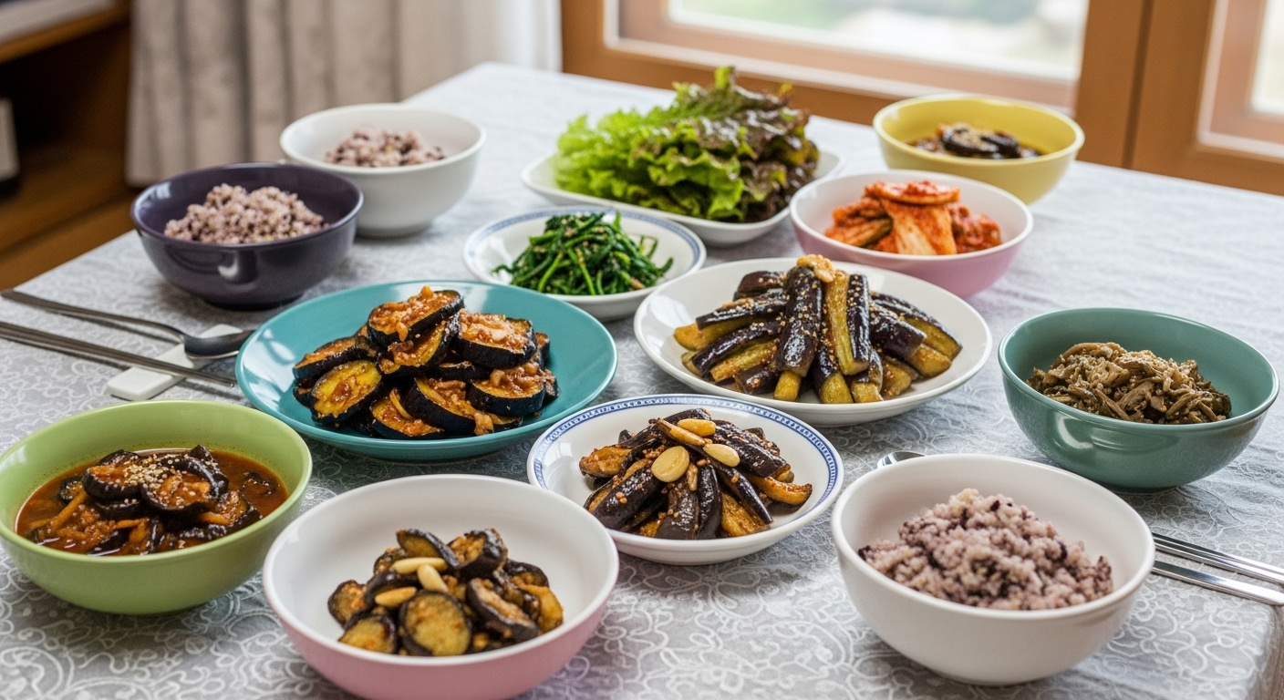 한국의 가지 요리들이 놓여있는 식탁