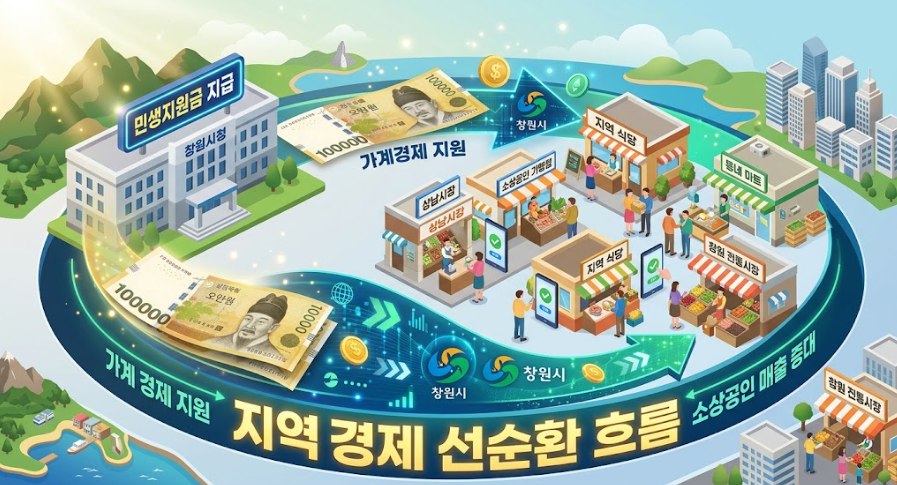 0만원 지폐와 디지털 화폐 그래픽이 어우러져 지역 상권으로 순환하는 경제 흐름을 표현한 인포그래픽 콘셉트의 이미지