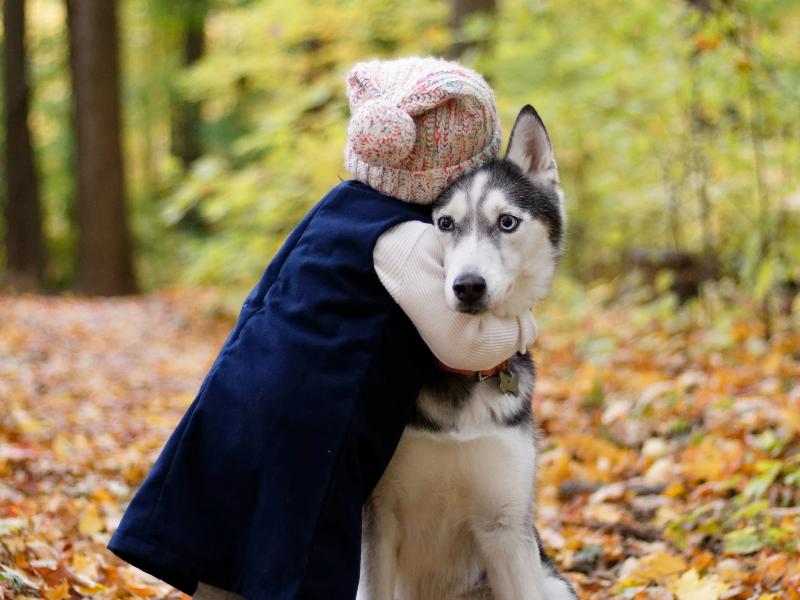 강아지를 끌어안고있는 어린아이