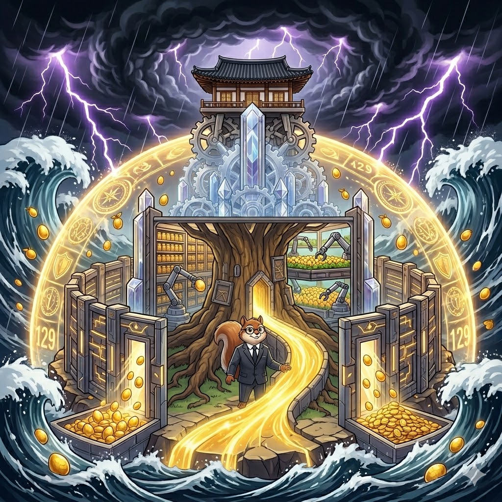 Jaemina, the squirrel asset manager from previous images, is securing the flow of a golden dividend river into a massive fortified asset tree within a secure vault.