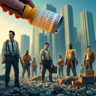 거대한 숫자 롤러를 들고 있는 사람들과 고층 빌딩 배경.