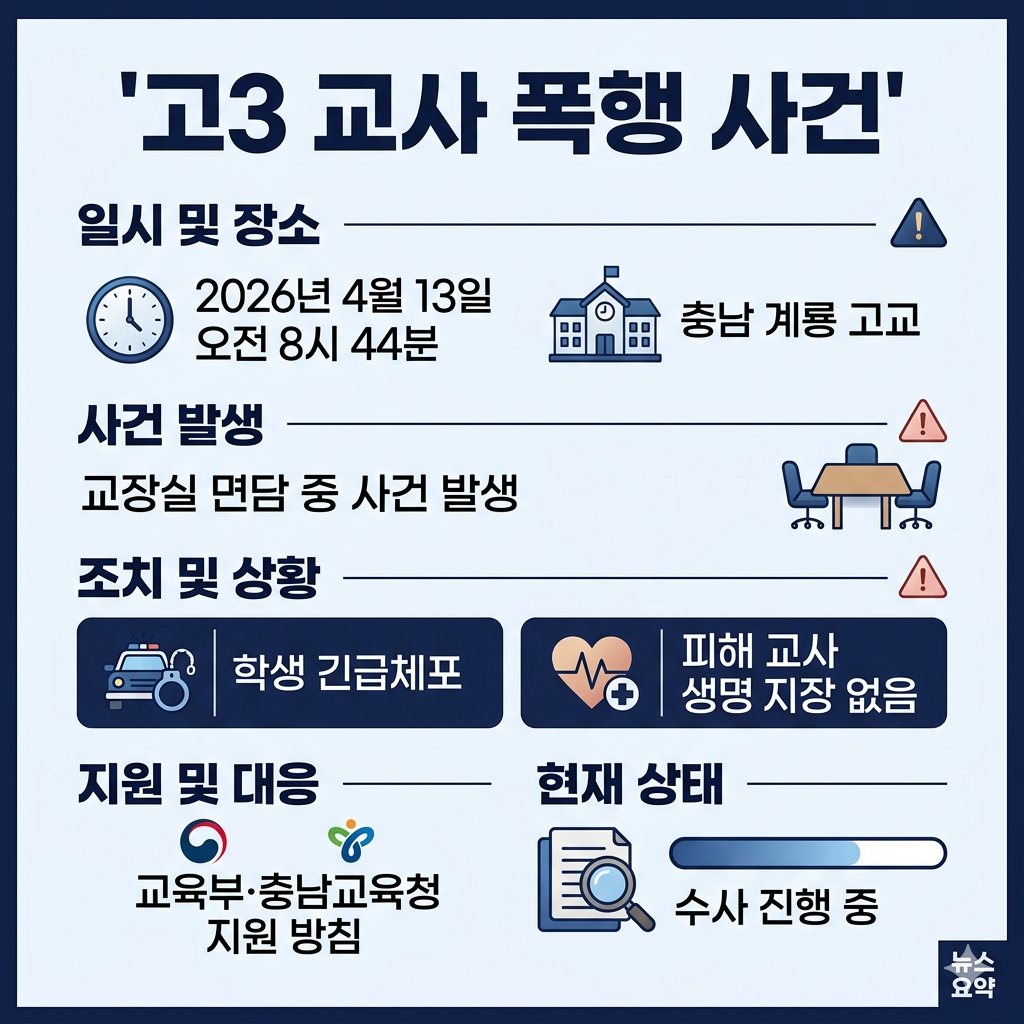 고3 교사 폭행 사건 정리|계룡 고교 피습 경위·수사 상황·쟁점 인포그래픽