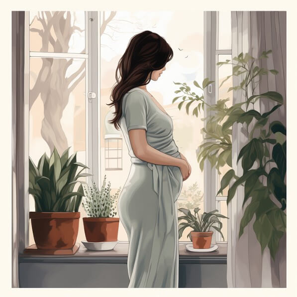 임산부가 창문 쪽에 서있는 모습