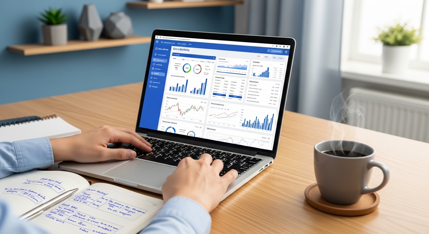 다양한 은행 앱과 금융 상품을 비교 분석하며 새로운 적금 상품을 신중하게 선택하는 모습.