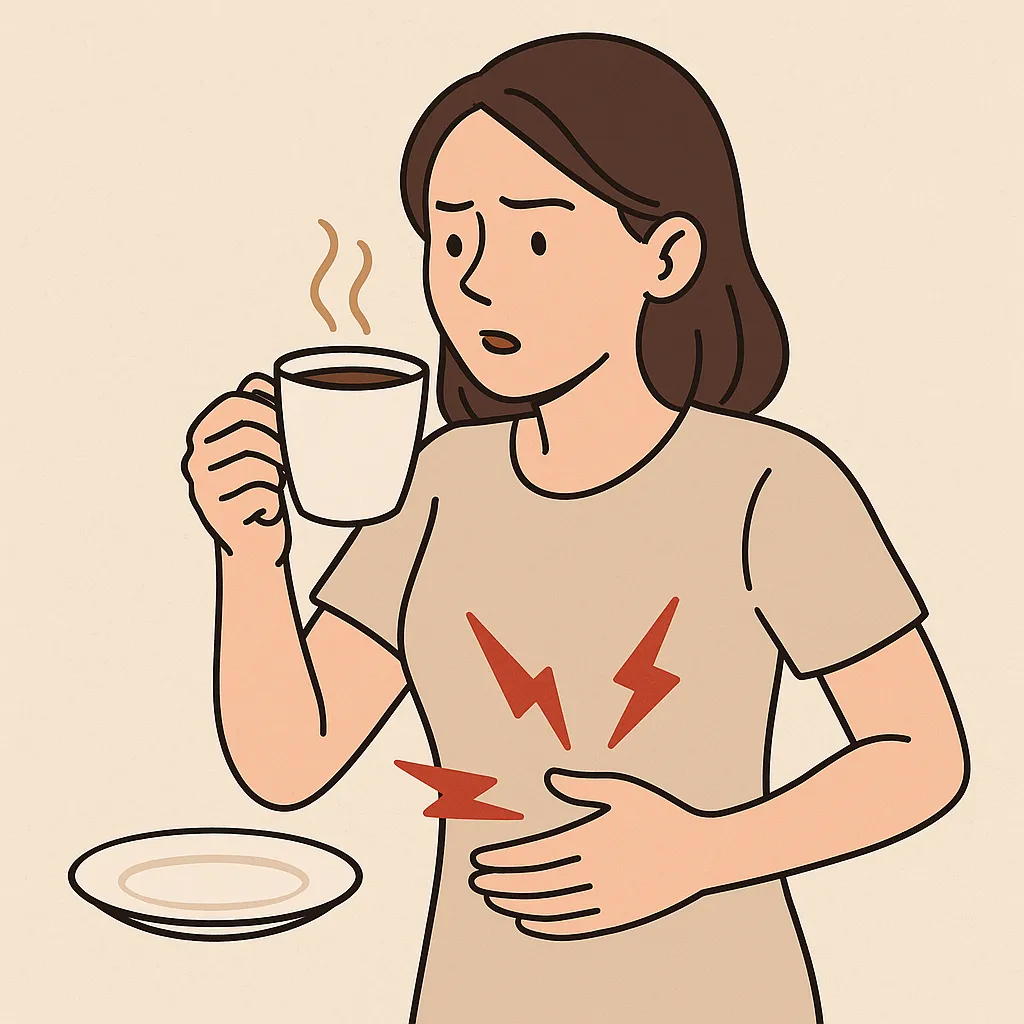 공복에-커피를-마셨을-때-몸의-반응을-상징적으로-표현한-일러스트-이미지로-빈속에-커피를-마시는-사람과-위의-불편함을-묘사