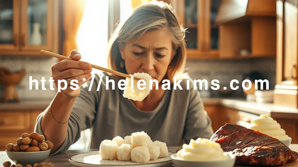 따뜻한 햇살이 비추는 주방 식탁 위, 떡을 젓가락으로 힘겹게 들고 있는 중년 여성 모습과 마른 견과류 한 줌. 그 옆으로는 질긴 고기 조각이 놓여 있어 삼키기 어려움을 암시하는 이미지.