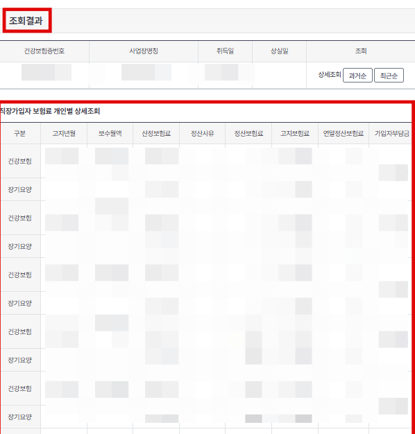 직장가입자 건강보험료 조회결과