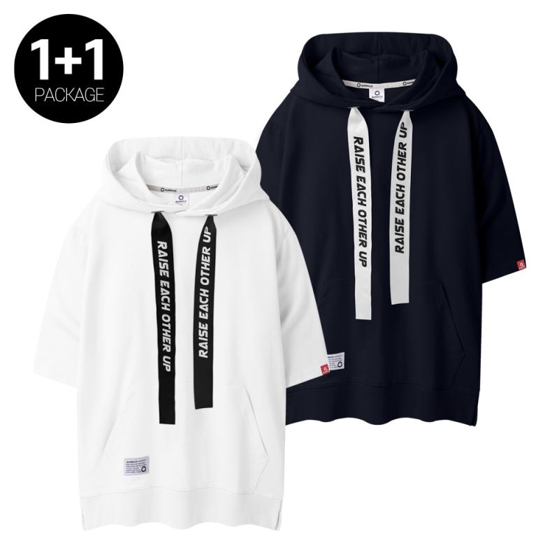 앨빈클로 남녀 테이프 레터링 스트링 반팔 후드티 - MULTI