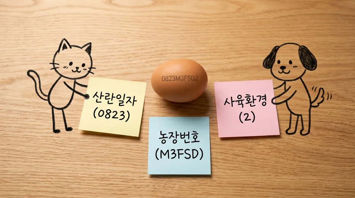 달걀 난각번호 10자리 구조를 설명하는 인포그래픽, 산란일자 농장번호 사육환경 구분 표시