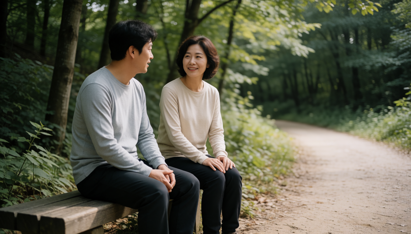 숲길 벤치에 나란히 앉아 대화하는 성인 두 명