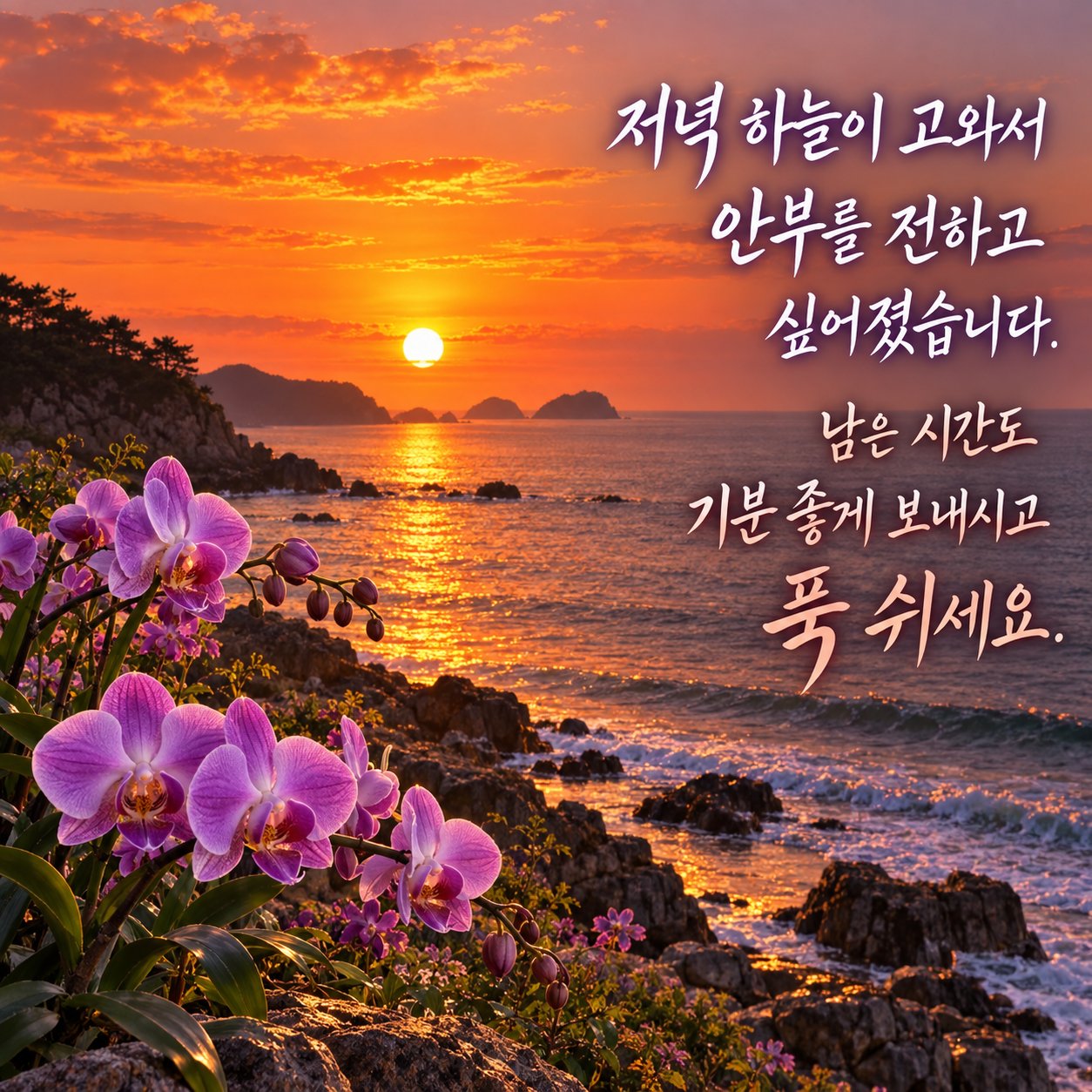 저녁에 보내는 카톡 인사말 이미지 23 — 저녁 하늘이 고와서 안부를 전하고 싶어졌습니다. 남은 시간도 기분 좋게 보내시고 푹 쉬세요.