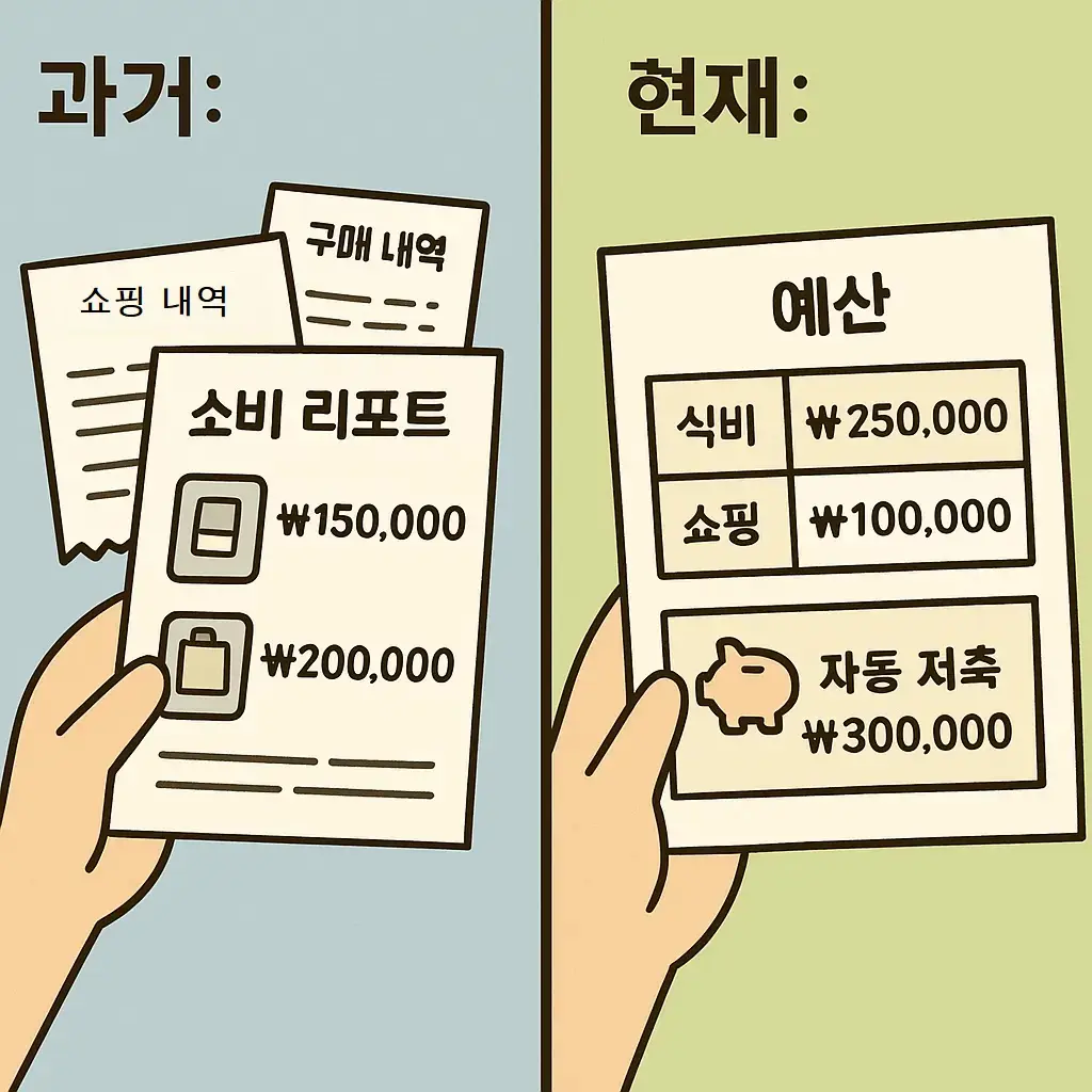 과거의 무분별한 소비 리포트와 현재의 예산표/자동저축 비교 – 소비 습관 변화 강조