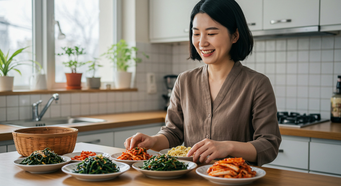 담백한 명절 음식만드는 여성 이미지