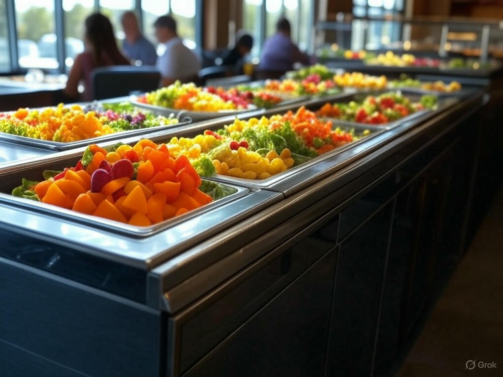다양한 채소를 선택하여 균형 잡힌 식사를 할 수 있는 샐러드바가 있는 외식장소