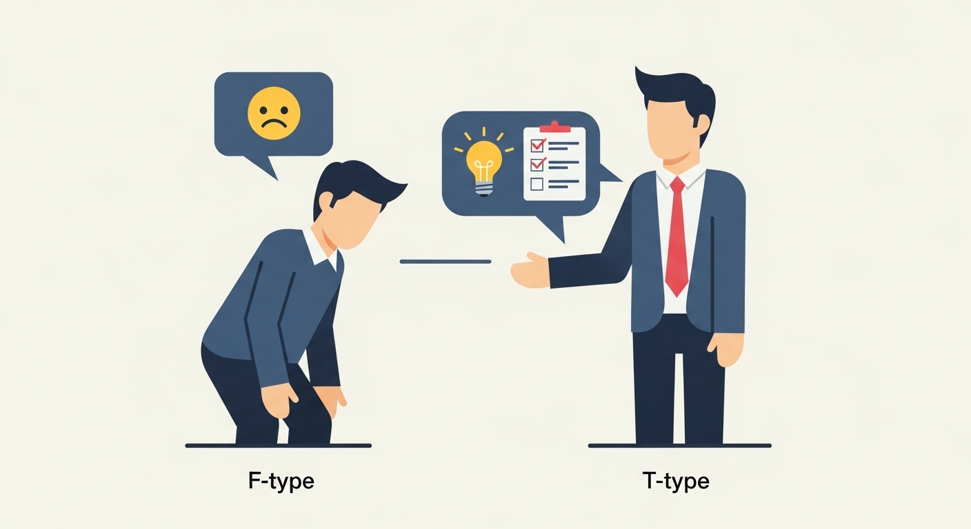 MBTI의 F유형과 T유형의 대화 방식 차이를 보여주는 일러스트. 한 사람은 감정적인 위로를, 다른 한 사람은 논리적인 해결책을 제시하고 있다.