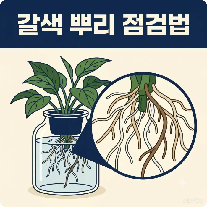 수경 식물 갈변 뿌리의 색과 조직 상태 점검