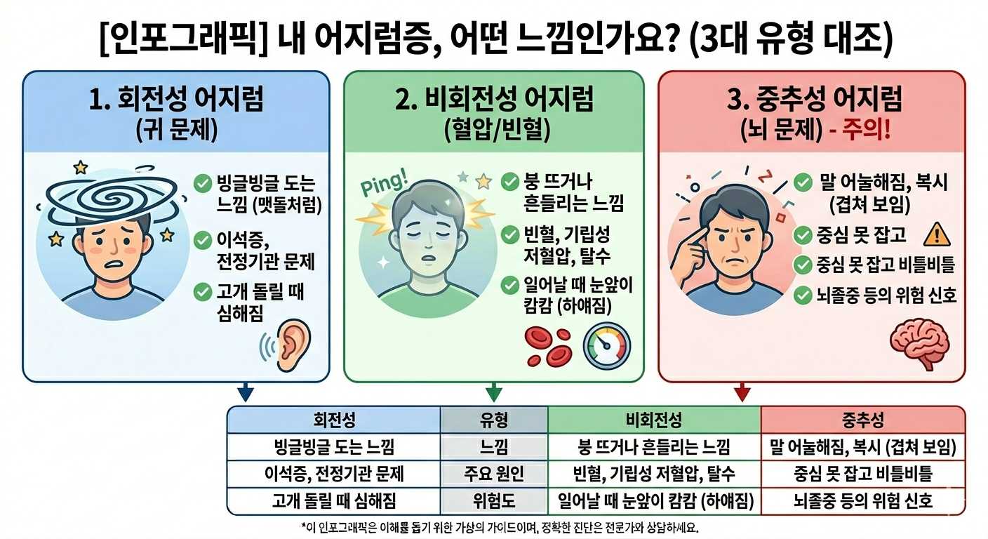 어지럼증의 3가지 현상에 관한 인포그래픽