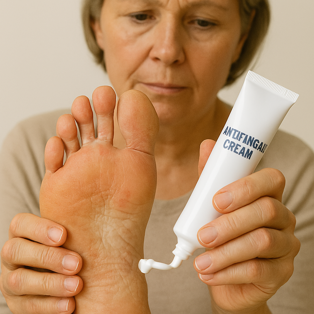 무좀 연고를 바르는 50대 여성 사진