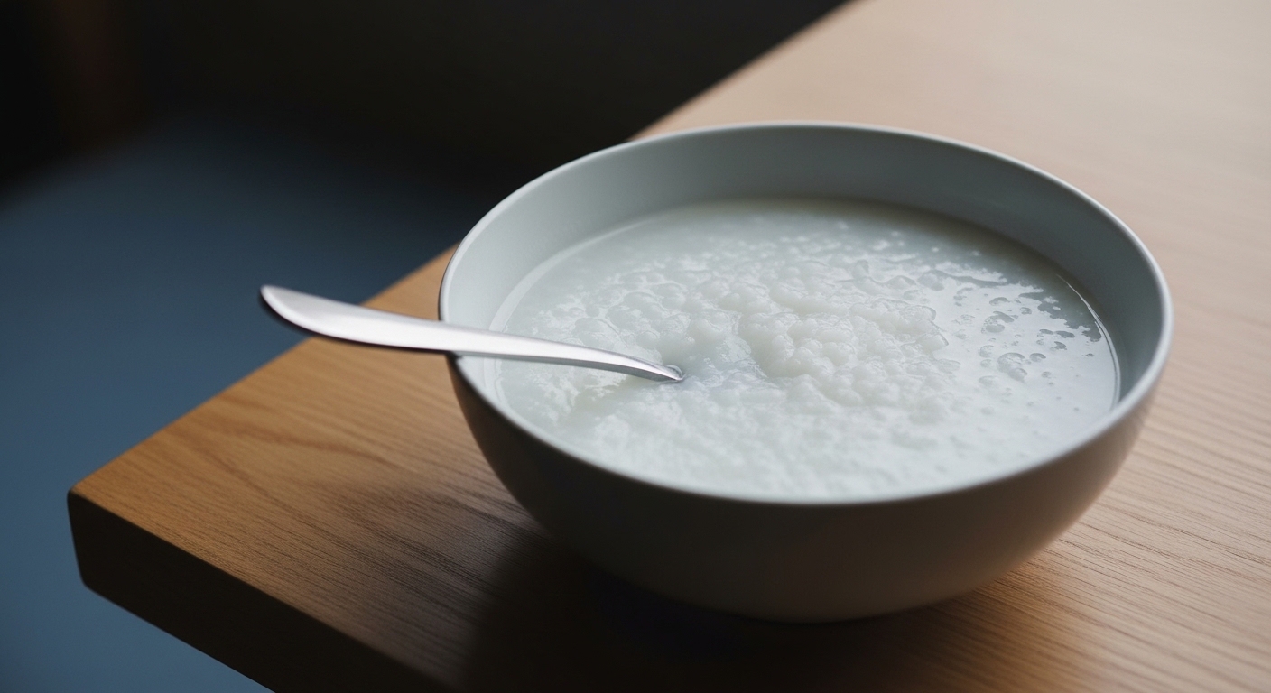 하얀 쌀죽 한 그릇과 숟가락이 놓인 단순한 식탁. 장염 회복기 식단의 부드럽고 소화하기 쉬운 음식을 상징하며, 장 건강 회복의 시작을 보여줍니다.
